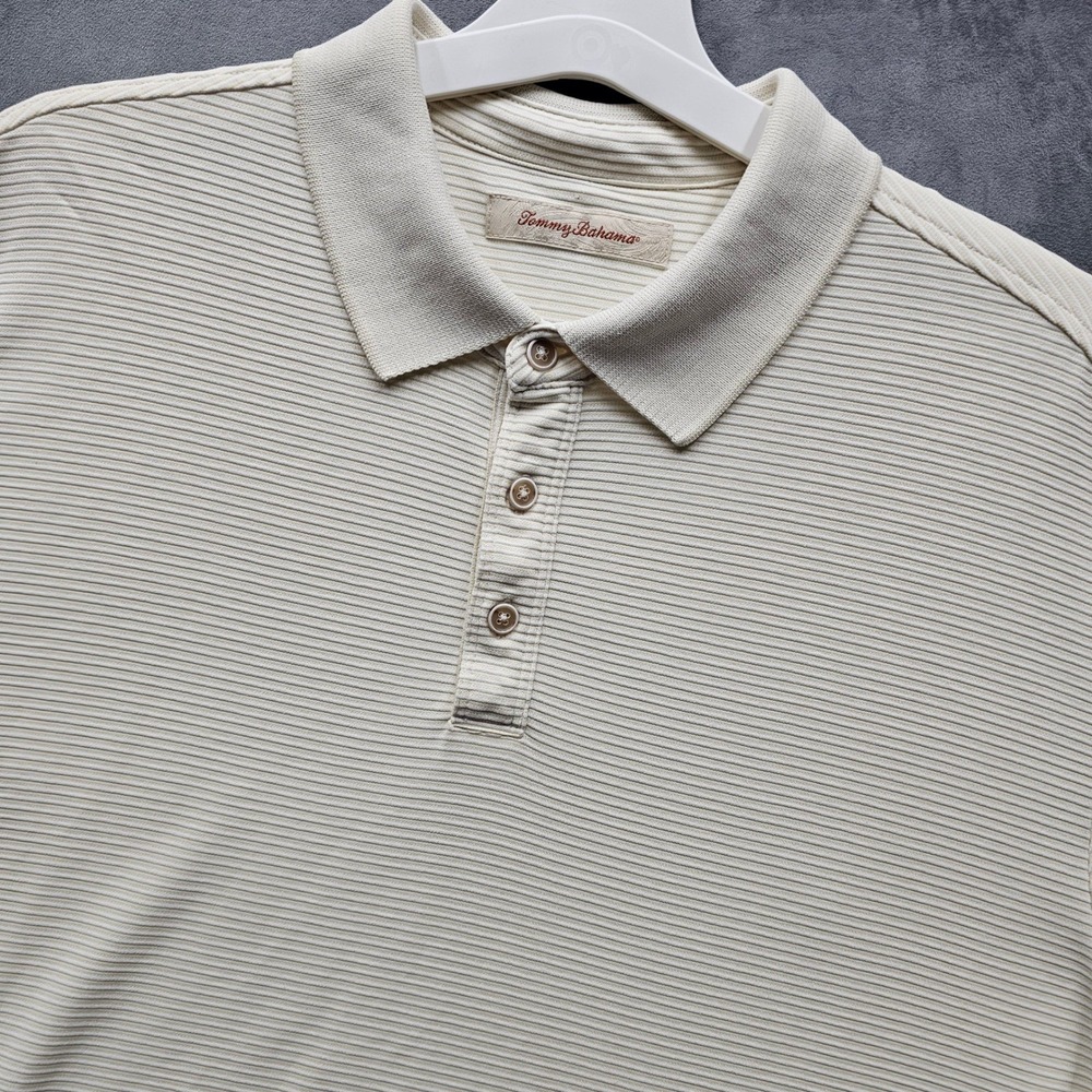 Tommy Bahama Mens XL Striped Polo Shirt Cream Modal Blend Short Sleeve Textured